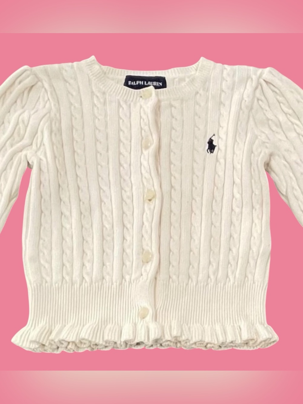 Ralph Lauren Size 24M Girls Off-White Button Front 100% Cotton Cardigan
